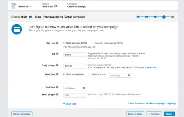 13. LinkedIn campaign manager - Bid detail