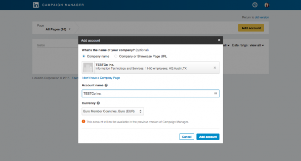 2. LinkedIn campaign manager - account aanmaken