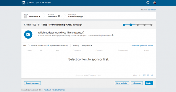7. LinkedIn campaign manager - selecteer content