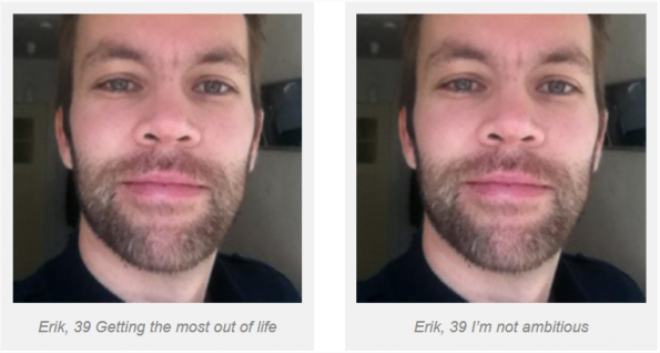 Tinder test met twee verschillende teksten.