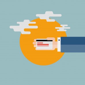 Businessman holding bank card in flat design style