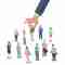 Businessman hand picking up selected man from group of businesspeople. Recruitment concept. Flat design.