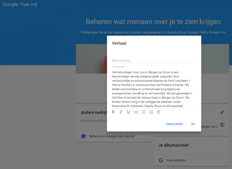 Google mijn bedrijf - over mij