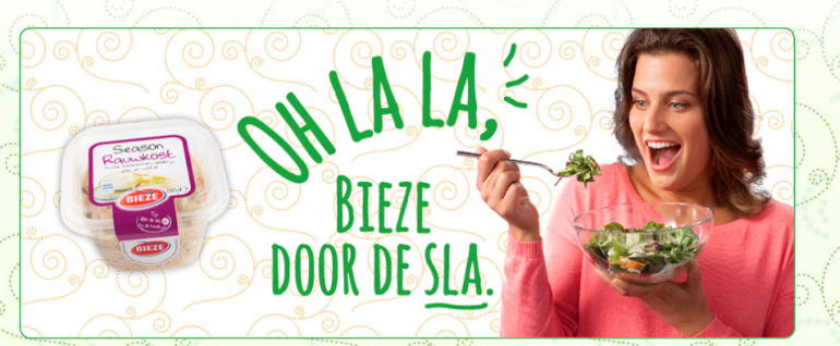 De slogan van Bieze: Oh la la, Bieze door de sla.