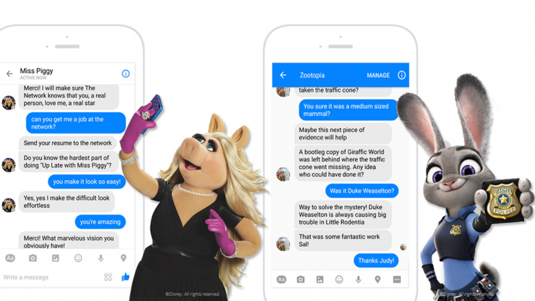 Chatten met Miss Piggy of Judy uit de Zootopia film Afbeelding: marketingland.com