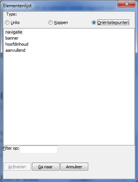 Controlevenster met visuele weergave van secties