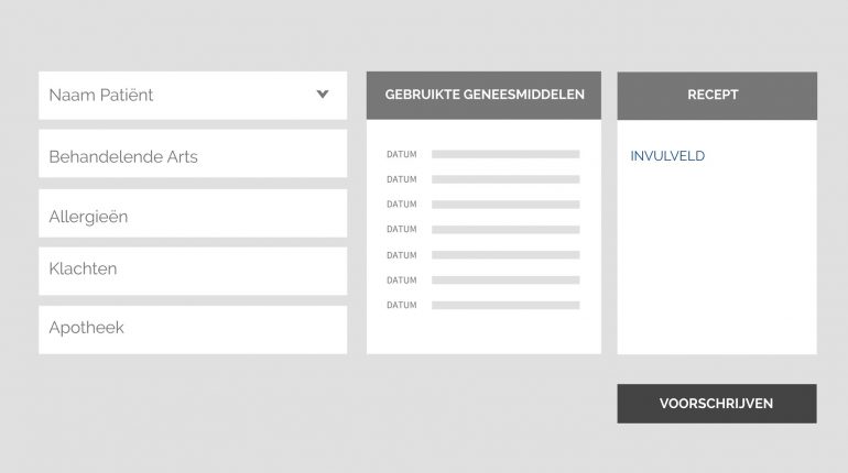 Dit is een concept voor een ‘voorschrijfmodule’. Het laat zien hoe een arts gemakkelijk en snel informatie kan vinden over gebruikte geneesmiddelen, doseringen en mogelijke allergieën. Zo kan hij of zij nauwkeuriger en met zorg de juiste medicatie voorschrijven.