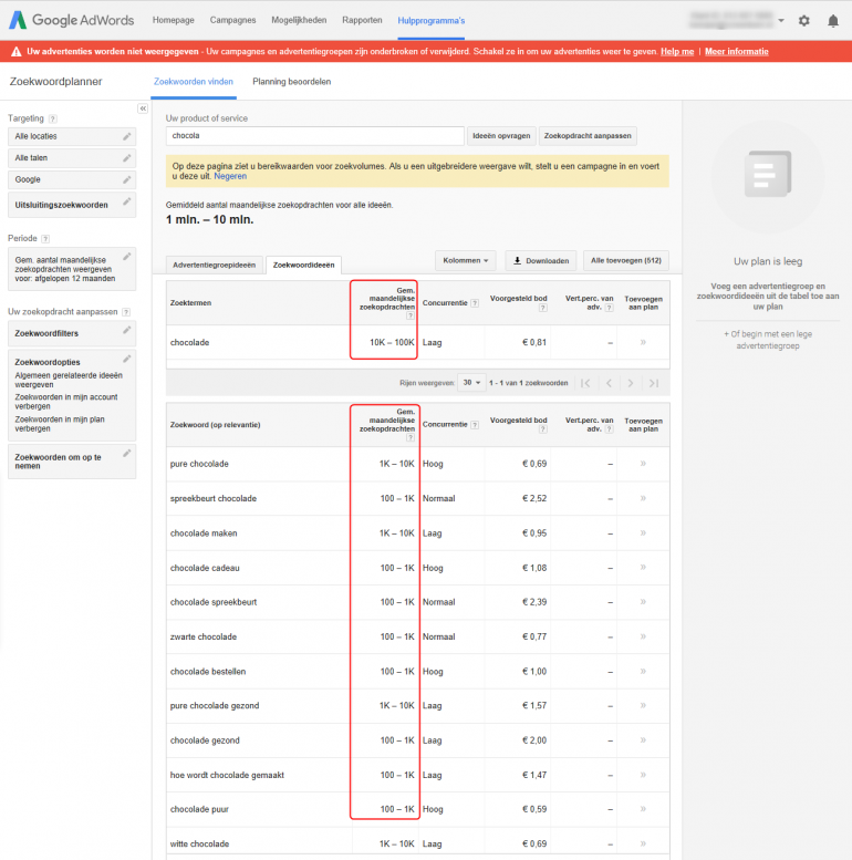 Adwords zoekwoordplanner met bereikswaarden ipv zoekvolumes