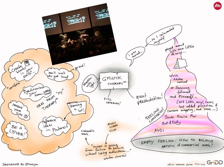 Talk Gmunk - FITC Amsterdam 2017 - Sketchnote door Mark Geljon (managing partner GriDD)