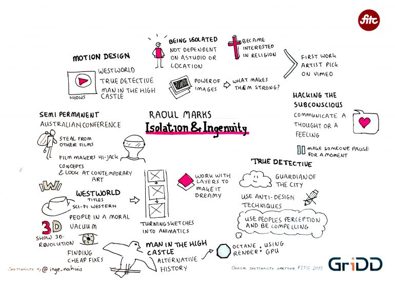Talk Raoul Marks- FITC Amsterdam 2017 - Sketchnote door Inge Nahuis (consultant GriDD)