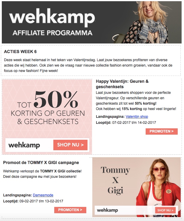 screenshot affiliate marketing wehkamp nieuwsbrief