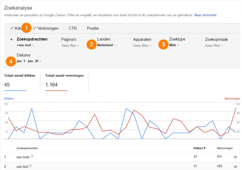search console vertoond wel data instellingen stappen