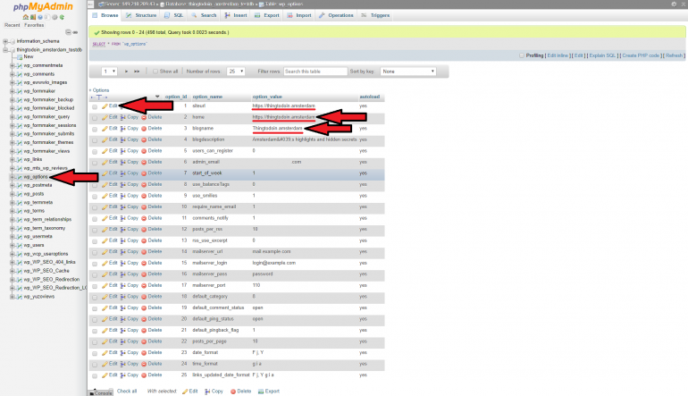 siteurl aanpassen in database