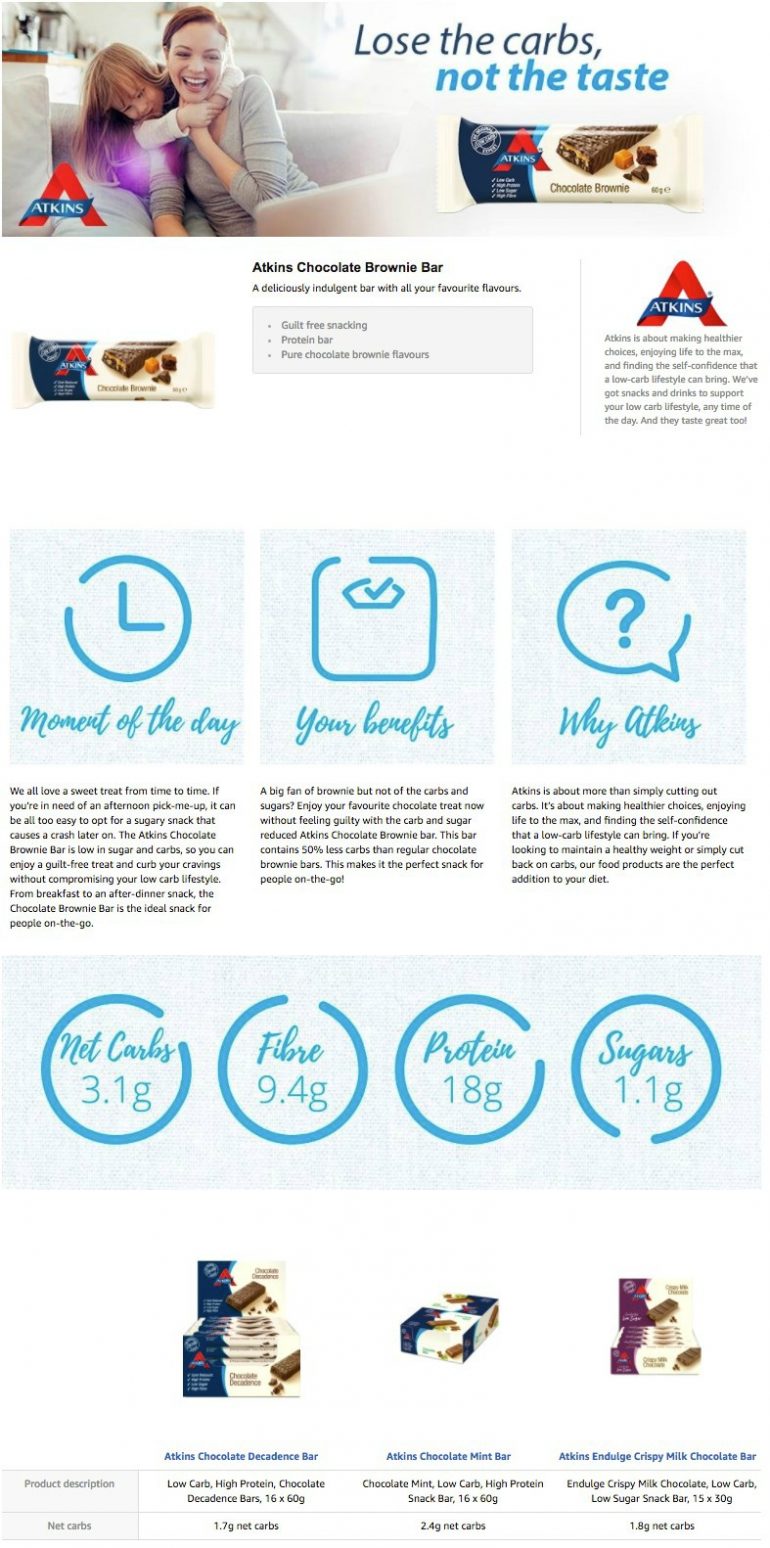 Een voorbeeld van A+ content op de productdetailpagina van de Chocolate Brownie Bar van Atkins International op Amazon
