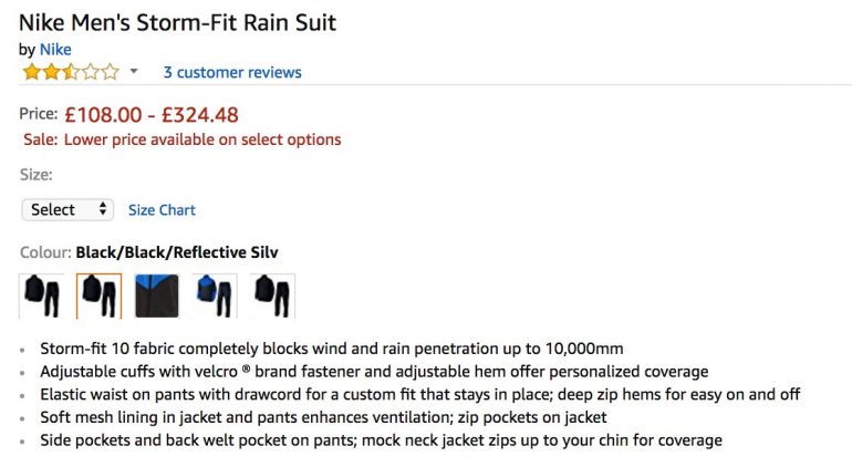 Producteigenschappen van Nike Men’s Storm-Fit Rain Suit op Amazon