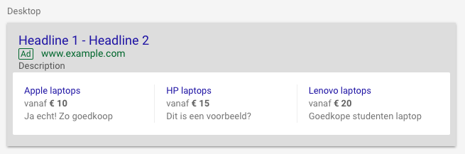 prijsextensiefeed met de vanaf-prijs voor 3 merken laptops