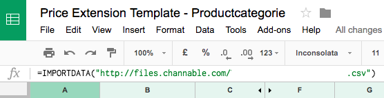op het input-tabblad maken we gebruik van de importdata-functionaliteit om de Channable-feed 