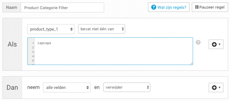 maak een regel die zorgt dat alleen de gewenste productcategorieën in de feed blijven staan