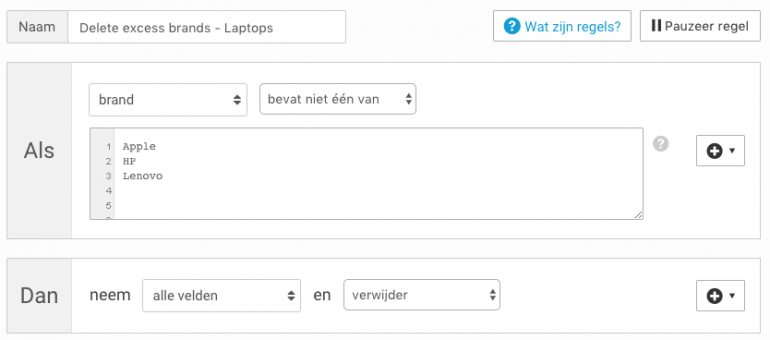 maak een regel die zorgt dat alleen de gewenste merken in de feed blijven staan