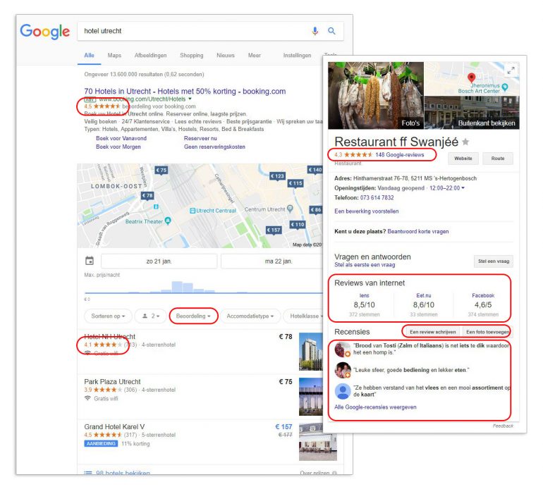 Google pagina met alle reviewmogelijkheden