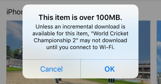 App groter dan 100 mb, melding in Apple App Store.