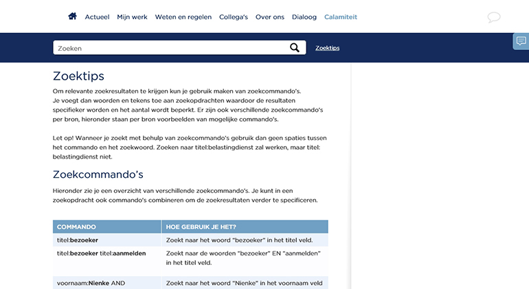 Een voorbeeld van zoektips op het intranet