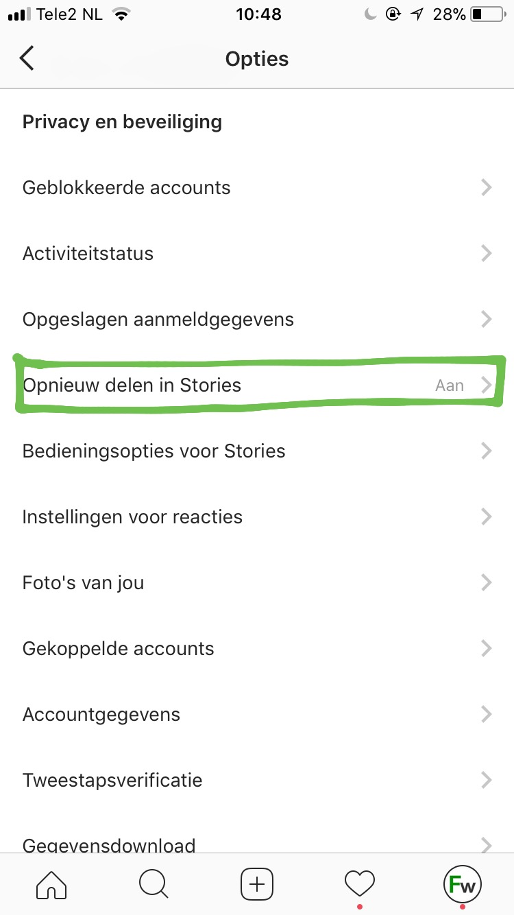 privacy-opties post instagram delen stories