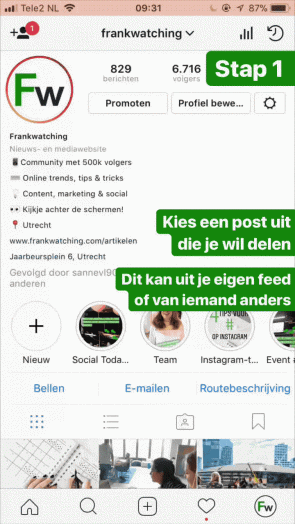 post delen in stories instagram stap 1
