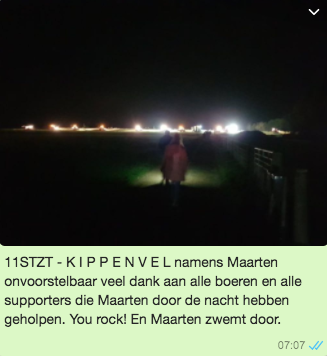 WhatsAppje over de boeren die Maarten van der Weijden tijdens zijn 11stedenzwemtocht in 2018 door verlichting de nacht door hielpen.