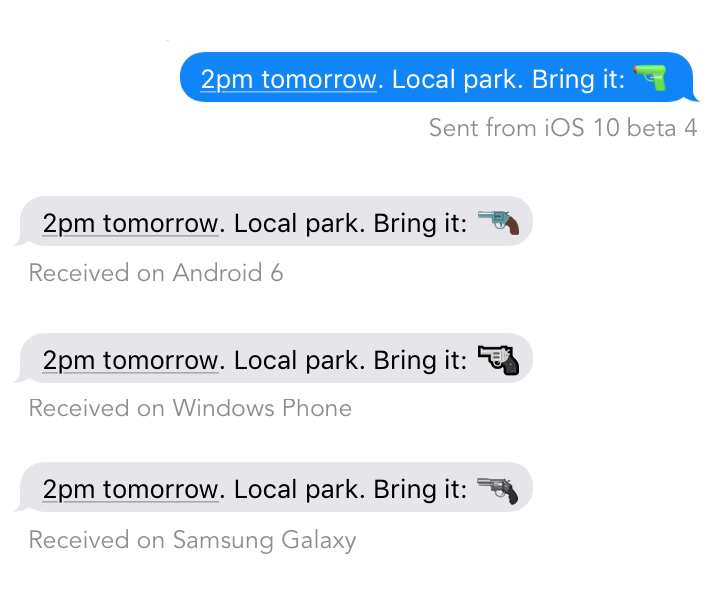 Afbeelding van het gebruik van emoji pistool vs waterpistool.