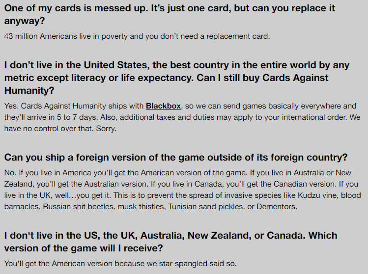 FAQ Cards against humanity