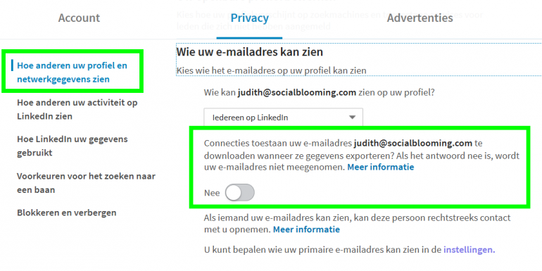 linkedin instellingen 2 privacy e-mailadres