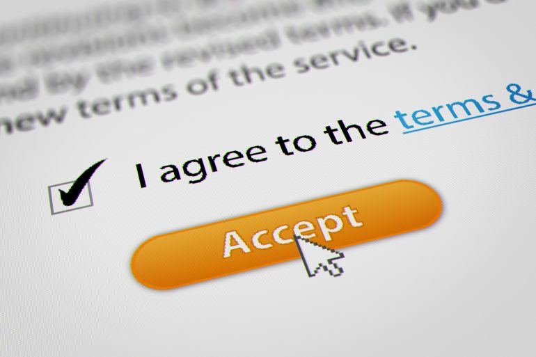 Toestemming met afvinken vakje bij terms of service