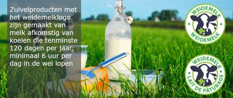 Reclame van weidemeld, melkfles en kaas in het gras