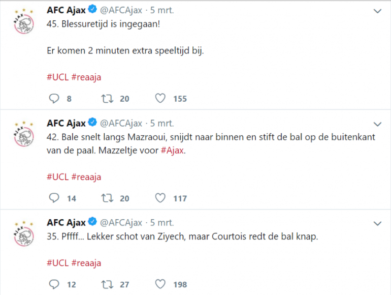 Liveblog tijdens de wedstrijd op het Twitter-kanaal van Ajax