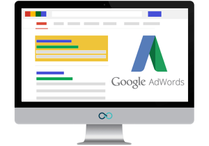 Illustratie van een laptop met daarop een Google Ads-campagne.