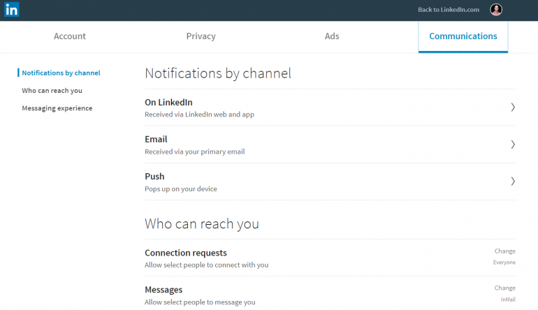 Screenshot van hoe je je meldingen aanpast op LinkedIn 1/3.