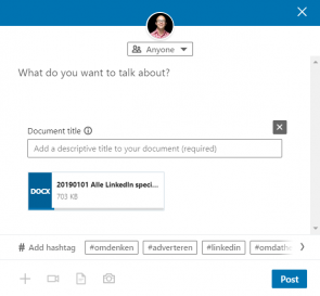 Screenshot van hoe je een bijlage deelt op LinkedIn 1/3.