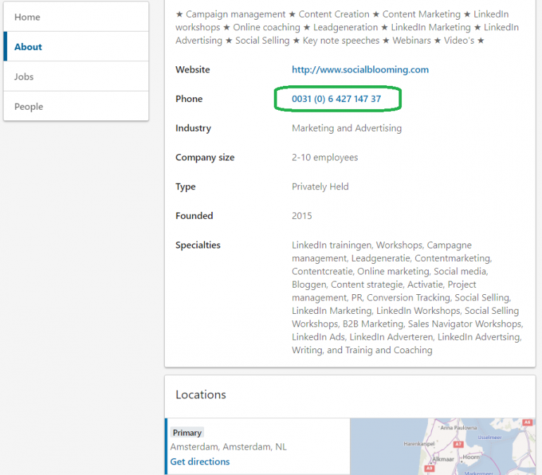 Screenshot van een bedrijfspagina met een directe link naar een telefoonnummer.