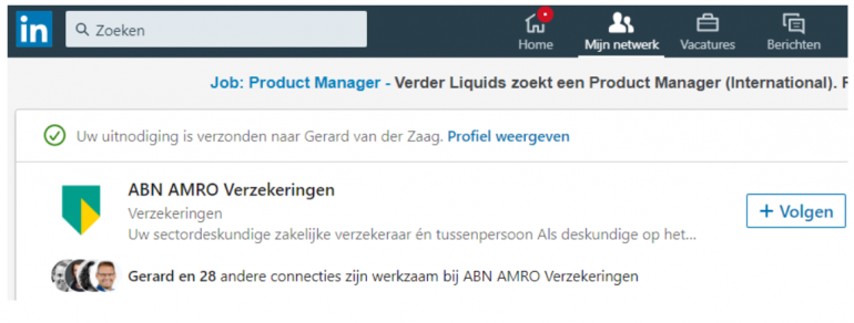 Screenshot van een LinkedIn-profiel dat een bedrijf gaat volgen.