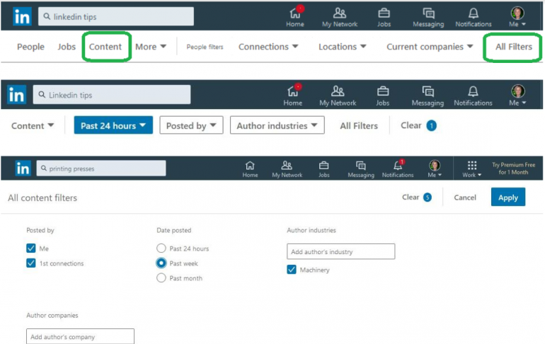 Screenshot van hoe je op LinkedIn zoekt naar content.