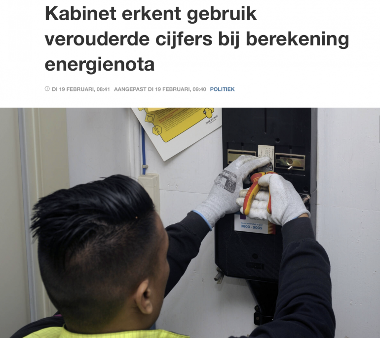 Screenshot van een nieuwsbericht: Kabinet erkent gebruik verouderde cijfers bij berekening energienota.