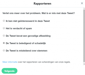 Het rapporteren van een Tweet met persoonsgegevens via Twitter pagina 1.