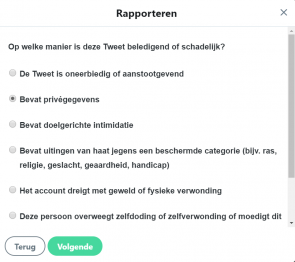 Het rapporteren van een Tweet met persoonsgegevens via Twitter pagina 2.