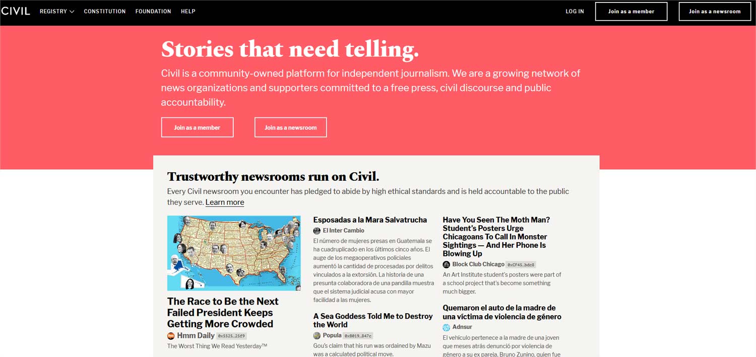 Screenshot van de website Civil, mei 2019.