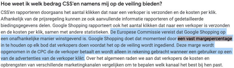 Bronvermelding dat Google Shopping momenteel een vast margepercentage inhoudt op elk bod.