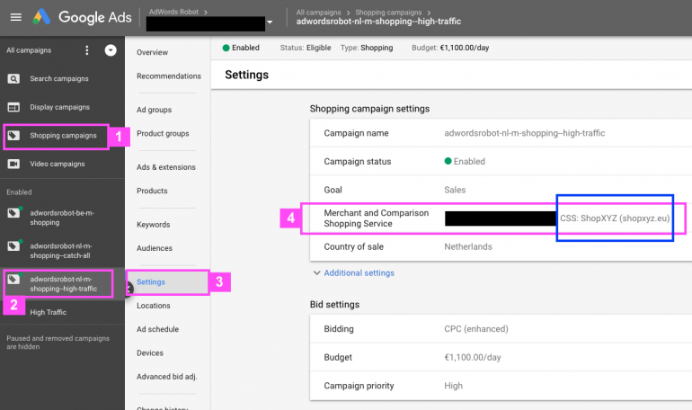 Voorbeeld van de Merchant and Comparison Shopping Service in Google Ads.