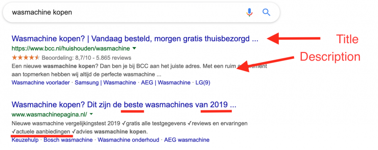 Zoekresultaten van 'wasmachine kopen' met metatitel en omschrijving