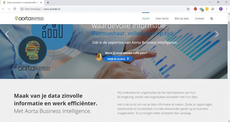 Screenshot van homepage van Aorta BI.