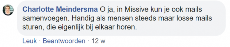 Screenshot van een chat op Facebook met Charlotte Meindersma.